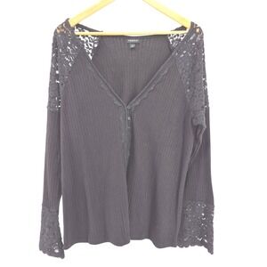 Torrid Black Lace Trim Ribbed Henley Long Sleeve Top 1X Whimsigoth Witchy Goth